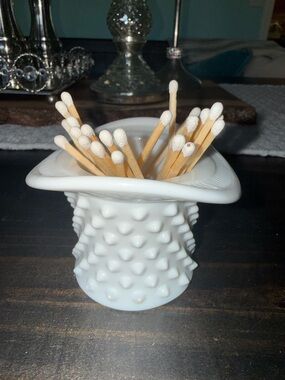 Vintage 50s White Hobnail Milk Glass Top Hat Toothpick or Match Holder